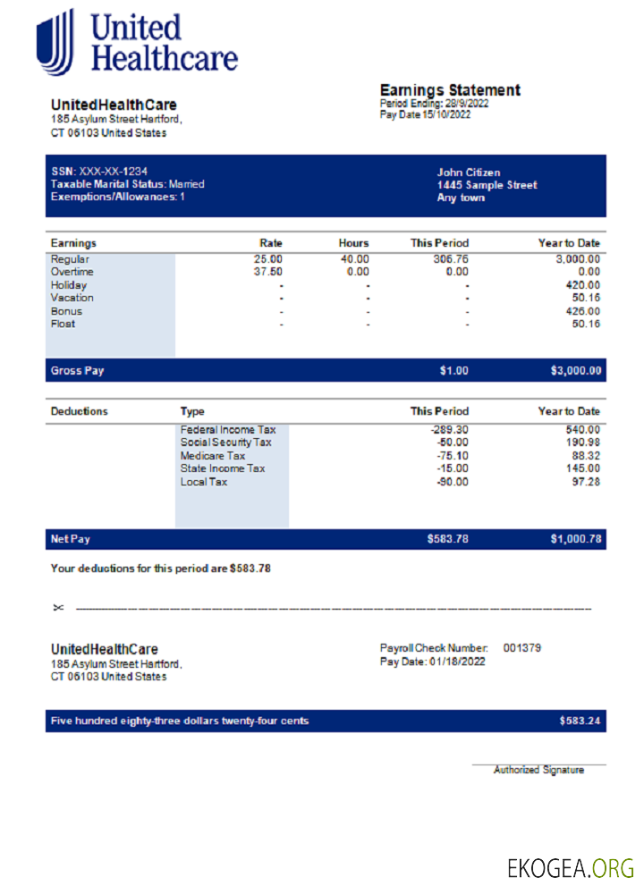 Bulletin de paie d'une entreprise de soins gérés UnitedHealthCare aux États Unis